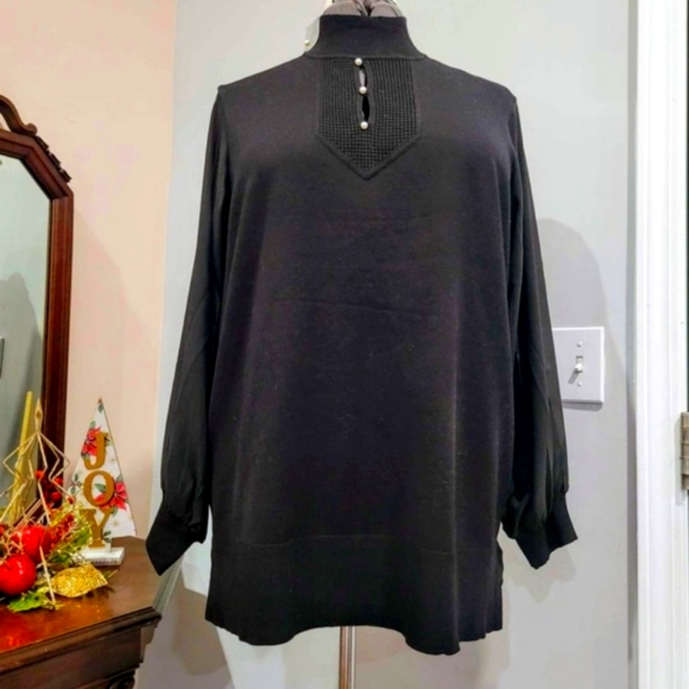 NEW 2X Cable and Gauge Sheer Sleeve Pearl Accent Sweater